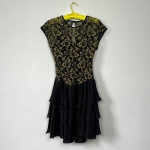 80s Vintage Gold Lace Drop Waist Ruffle Hem Party Dress Union Made USA Size 10